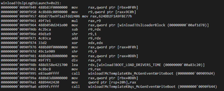 Disassembly of OslpLogOsLaunch+0x21, containing the move signature